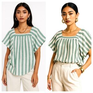 Beachlunchlounge Striped Linen Blend Top Square Neck‎ Green White Sz S Coastal